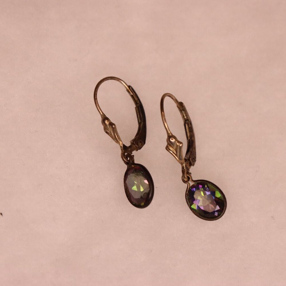 Mystic topaz gold earrings with stunning black and rainbow colors